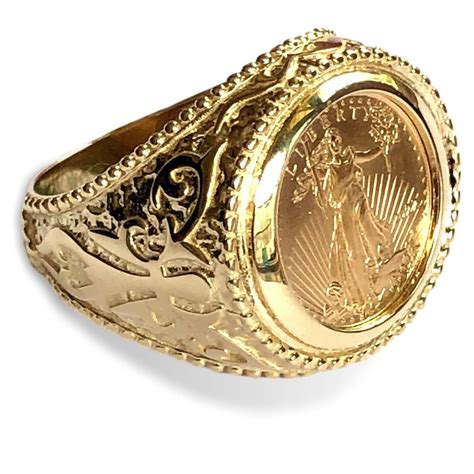 Mens Heavy 14k Ornate Gold Coin Ring Available With Either 110 Or 1