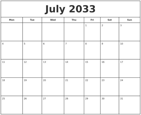 July 2033 Print Free Calendar
