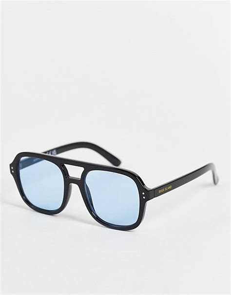 River Island Retro Aviator Sunglasses In Black With Blue Lense Asos