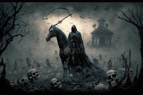 Grim Reaper With Haunted Creepy Graveyard Generative Ai Stock