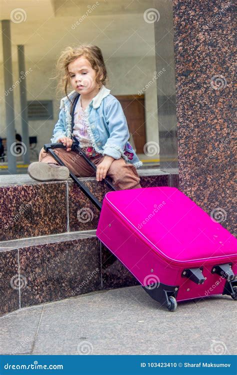 Little Kid Girl With Travel Suitcase Outdoors Stock Photo Image Of