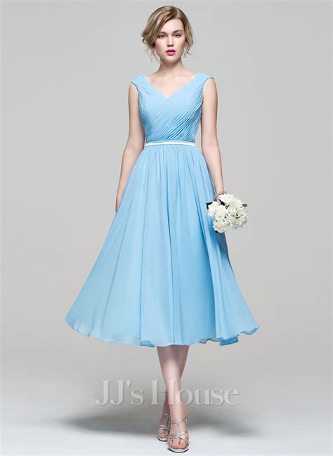 A Line Princess V Neck Tea Length Chiffon Bridesmaid Dress With Ruffle 007074187 Bridesmaid