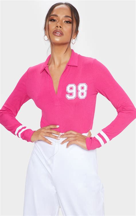 Hot Pink 98 Graphic Rib Collar Long Sleeve Bodysuit Prettylittlething Usa
