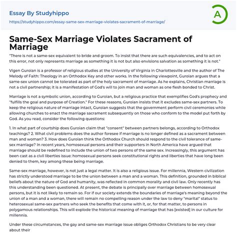 Same Sex Marriage Violates Sacrament Of Marriage Essay Example