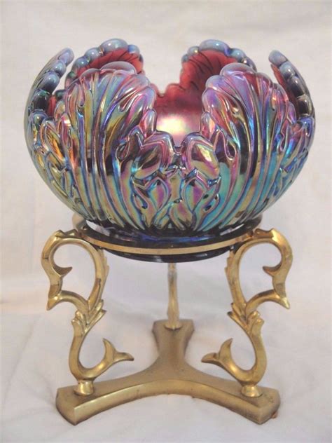 Vintage Fenton Carnival Blue Opalescent Glass Lotus Rose Bowl Mint Condition Fine Art Ceramics
