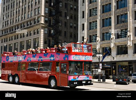 Illinois Chicago Double Deck Red Tour Bus On City Streets Tour Guide