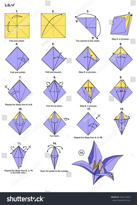Origami Diagram Origami Lily Flower Origami Stok İllüstrasyon 433216609