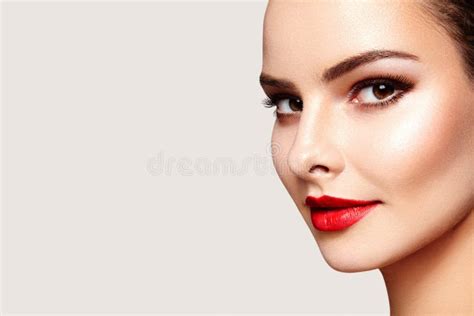 Beautiful Model With Fashion Evening Make Up Close Up Portrait Woman With Glamour Red Lips