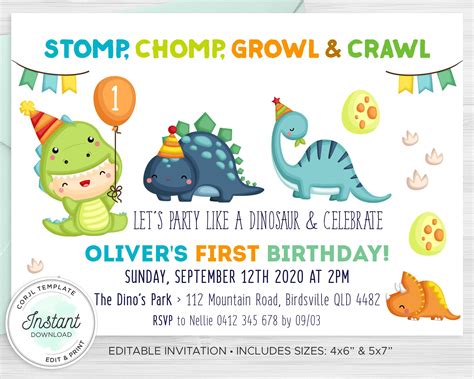 Dinosaur Birthday Invitation First Birthday Dino Party Baby Etsy