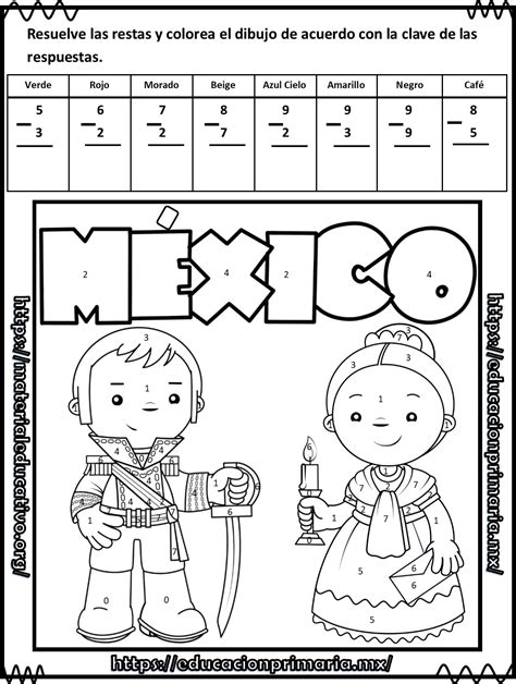 Suma resta y colorea el dibujo de la independencia de México para primer grado de primaria