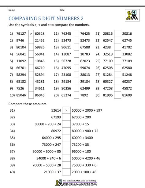 Comparing Numbers Grade 4 Worksheet
