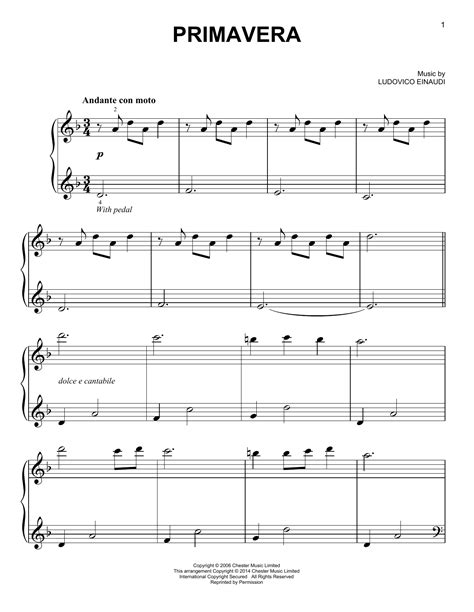 Primavera Sheet Music Ludovico Einaudi Easy Piano Solo
