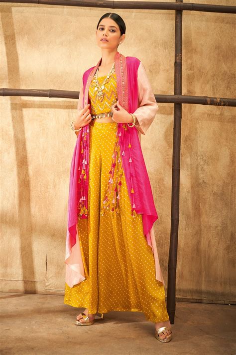 Buy Pink Pure Silk And Modal Satin Print Two Toned Cape And Pant Set