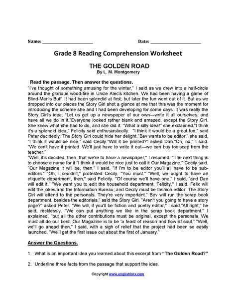 Reading Worksheets For 8th Graders Printables Printable Form