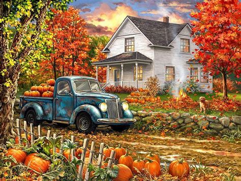 720p Free Download Cheerful Place Autumn Leaves Cottage Painting