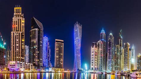 Dubai Skyline At Night Uhd 4k Wallpaper Blue Water Dubai Night