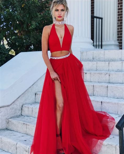 Sexy Slit Prom Dress Open Back Red Evening Dress Beaded Red Formal