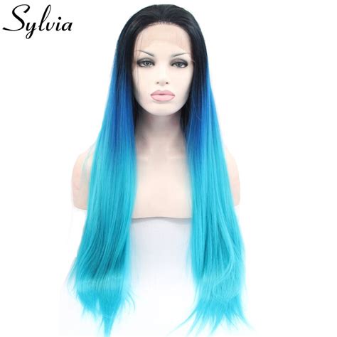 Sylvia Dark Blue To Blue Ombre Silky Straight Synthetic Lace Front Wigs
