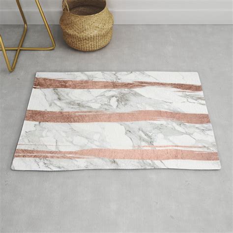 Modern Chic Faux Rose Gold Brush Stripes White Marble Rug By Audrey