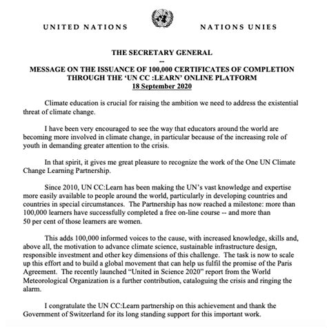 Un Secretary General Sent A Message To The Un Cclearn Partnership Unitar