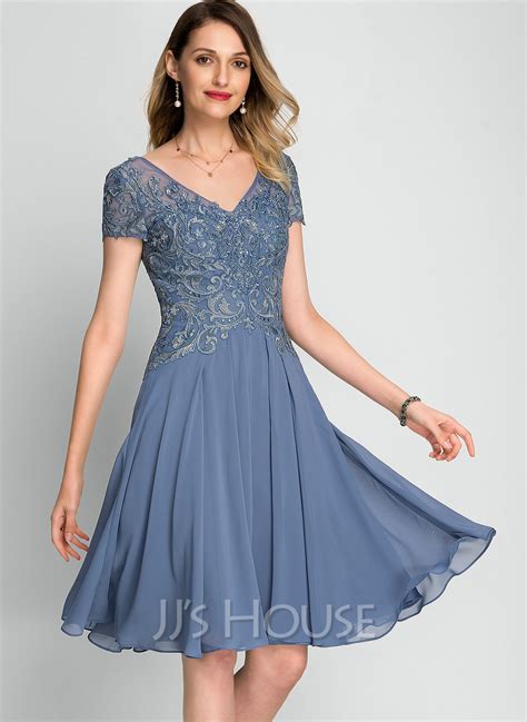 A Line V Neck Knee Length Chiffon Cocktail Dress With Beading Sequins