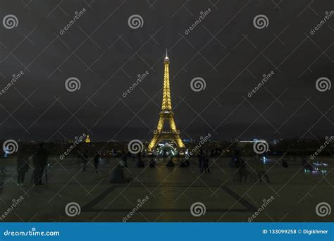 Illuminated Eiffel Tower With Black And White Paris Editorial Photo