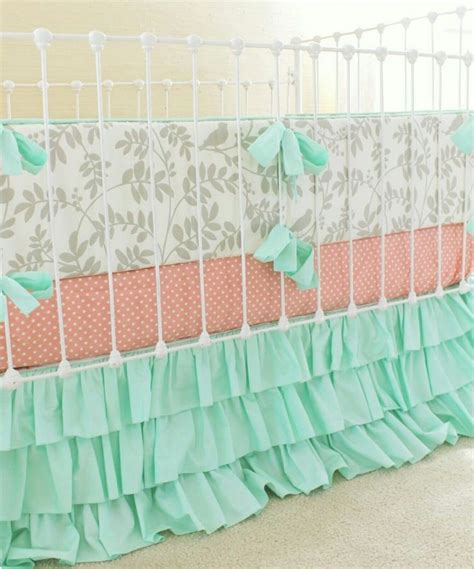 This green and white botanical floral leaf print brushed microfiber sheet fits all standard crib and toddler mattresses and is machine washable for easy care. Light grey, mint green, and peach | Girl nursery, Baby ...