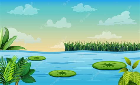 Premium Vector Scene With Lotus In The Pond Illustration