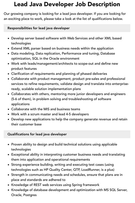 Lead Java Developer Job Description Velvet Jobs