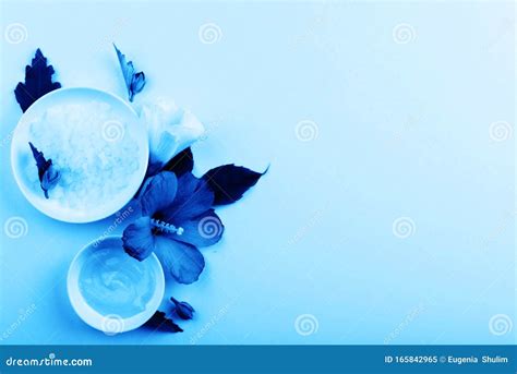 Beautiful Layout Of Cosmetic Products On Blue Background Natural