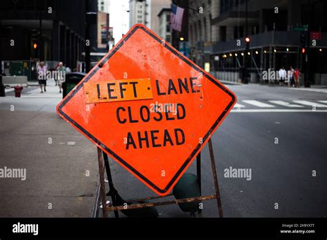 Sign Left Lane Closed Ahead Stock Photo Alamy