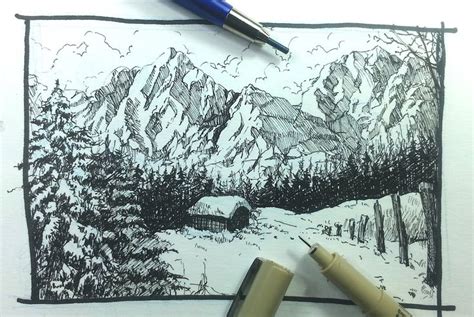 How To Draw A Winter Landscape With Mountains And Snow