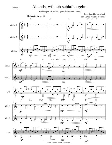 Abendsegen (Abends will ich schlafen gehn) for 2 violins and guitar