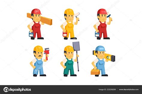 Trabajadores De La Construcción En Overoles Con Diferentes Herramientas