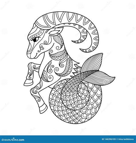 Capricorn Zodiac Sign Zentangle Coloring Book Page For Adult Stock