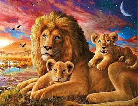 Affectionate Father Lion And Cubs 5d Diamond Painting Kits Oloee