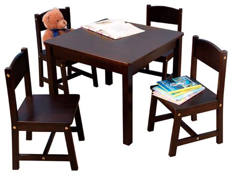 The rectangular table & 2 chair set gives kids a perfect workspace for playing with their favorite toys, working on homework or even enjoying a quick snack. KidKraft - Farmhouse Table and 4- Chair Set, Espresso ...
