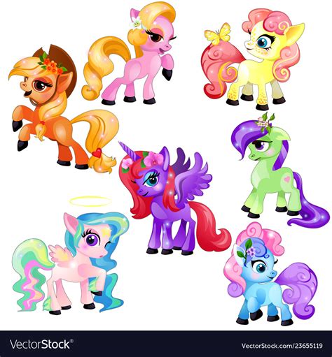 Set Of Colorful Little Cute Ponies And Unicorn Vector Image