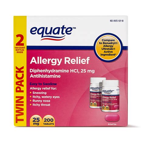 Equate Allergy Relief Diphenhydramine Tablets 25mg 2x100 Count