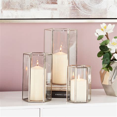 Cosmoliving Large Modern Metallic Silver Metal Glass Candle Holders