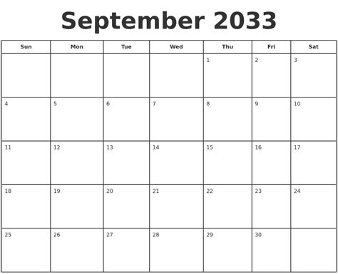September 2033 Print A Calendar