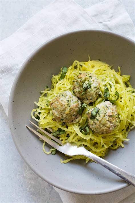 Turkey Florentine Meatballs With Pesto Spaghetti Squash Wholefully