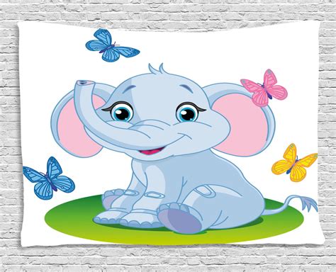 Nursery Tapestry Cute Baby Elephant Sitting On The Meadow In Spring
