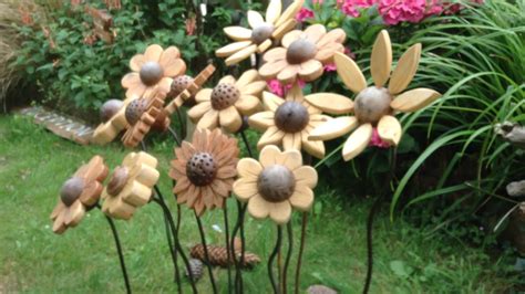 Large Push In Ground Wooden Flowers Hand Made Unique Ornament Sculpture