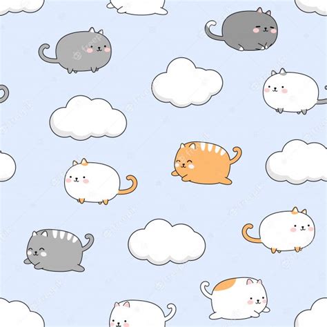 Cute Chubby Cat Kitten On Sky Cartoon Doodle Seamless Pattern Vector
