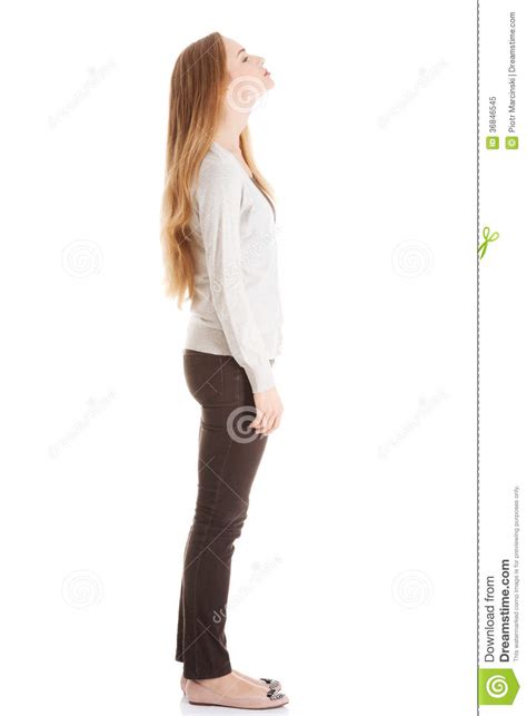 Beautiful Casual Woman Is Looking Up Side View Stock