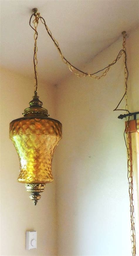 Large Vintage Swag Lamp Amber Glass Feathered Optic Hanging Light Mid