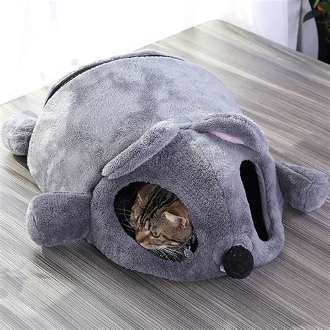 Cute Cat Soft Cave Bed Funny Mice Shape Kitten House With Two Playing
