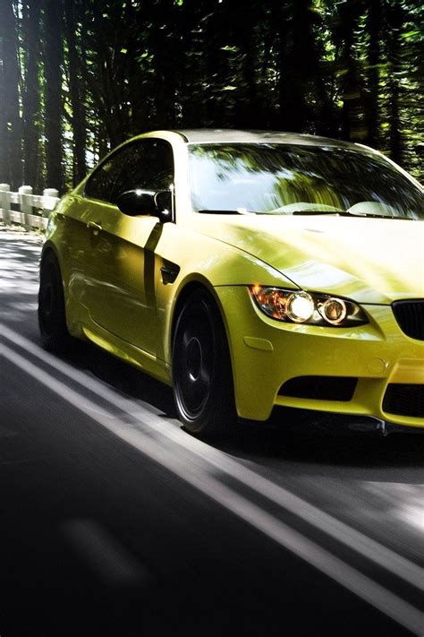 Download Wallpaper 800x1200 Auto Bmw M3 Yellow Road Forest Summer