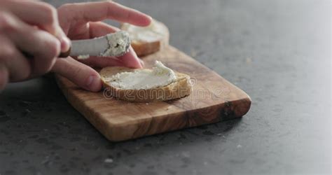 Slow Motion Man Hand Spreading Cream Cheese On Slice Of Ciabatta Stock Video Video Of Sliced